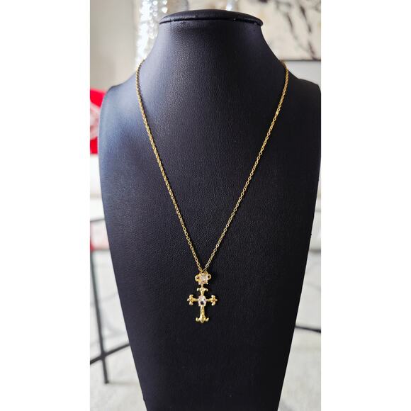 Jewelry - Stainless Steel Gold Rhinestone Ctoss Necklace New